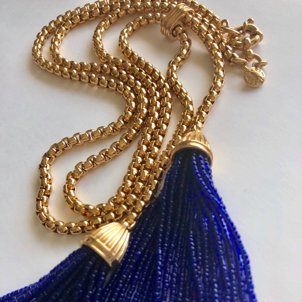 JCrew long blue bead and gold chain necklace